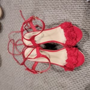 Shoedazzle red floral wedges with lace up straps.